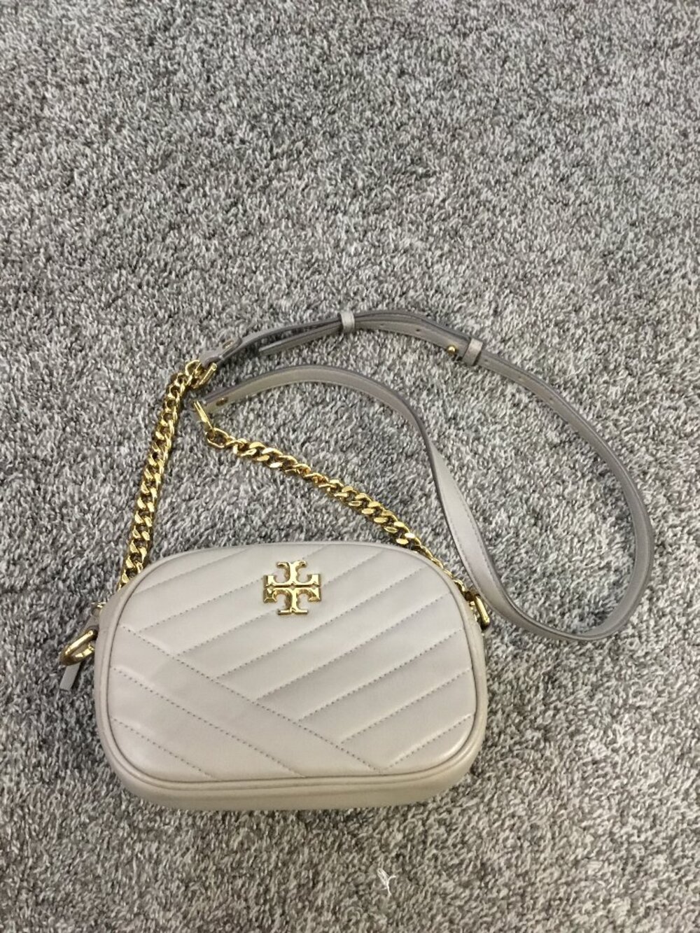 Tory Burch Kira Chevron Small Camera Bag Gray Heron Quilted Leather Gold Chain